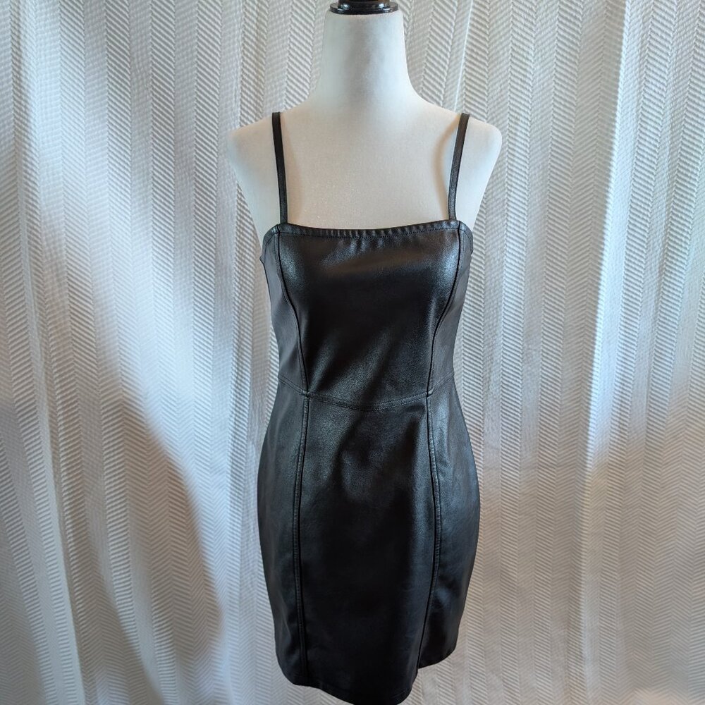 H&M Black Faux Leather Mini Dress Spaghetti Straps Stretch Goth Grunge Size 6